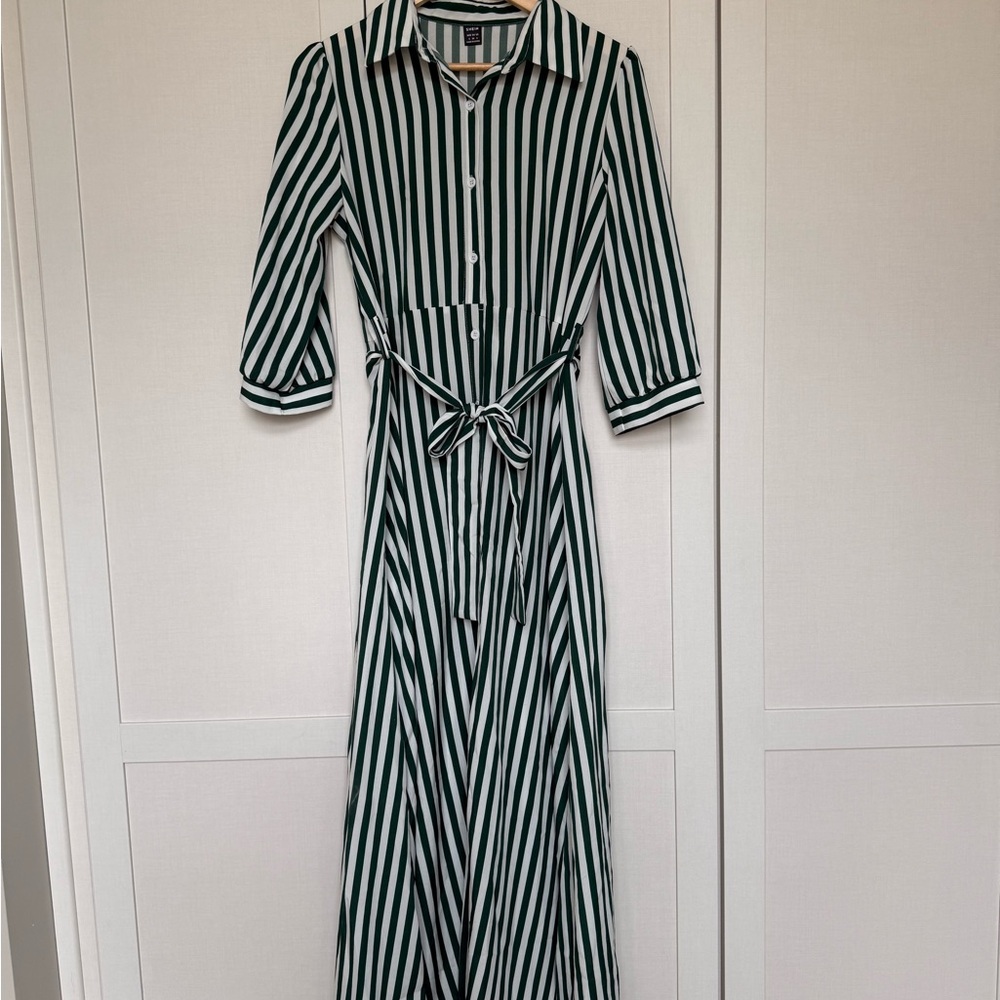 SHEIN Green & White Striped Button-Front Maxi Dress with Tie Waist